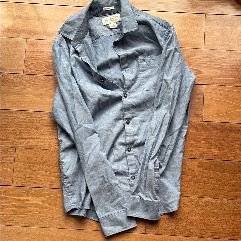 Penguin Light Chambray Button Up Shirt EUC Size L